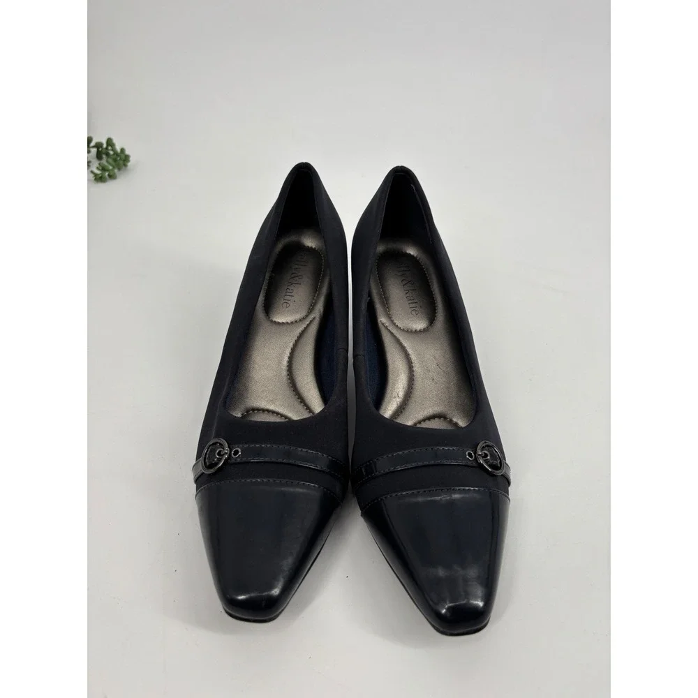 Kelly & Katie Pumps Womens 7.5 Black‎ Fabric Patent Cap Toe Kitten Heel Hardware
